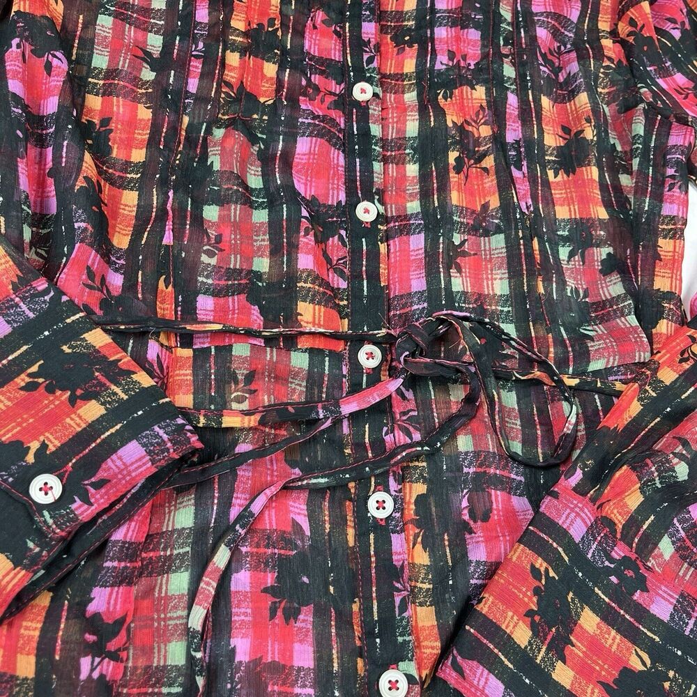 Free People Jerra Maxi Shirt Dress Plaid Punk Button Down Sheer Waist Tie MEDIUM - Picture 4 of 14